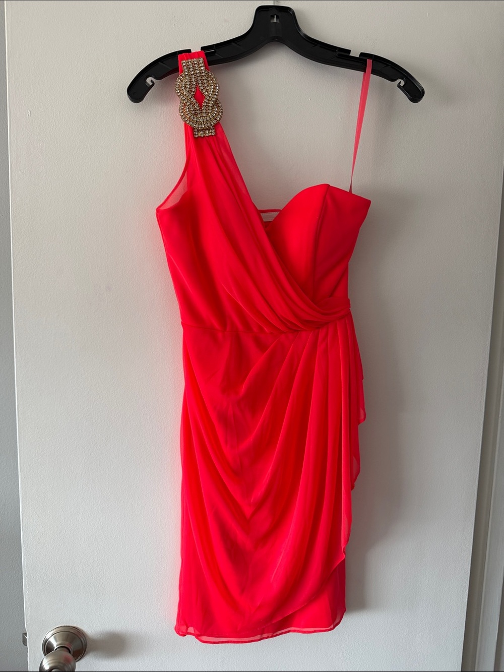 Cocktail Caché Neon Coral Pink One Shoulder Rhinestone Dress Size 2 Ruched
